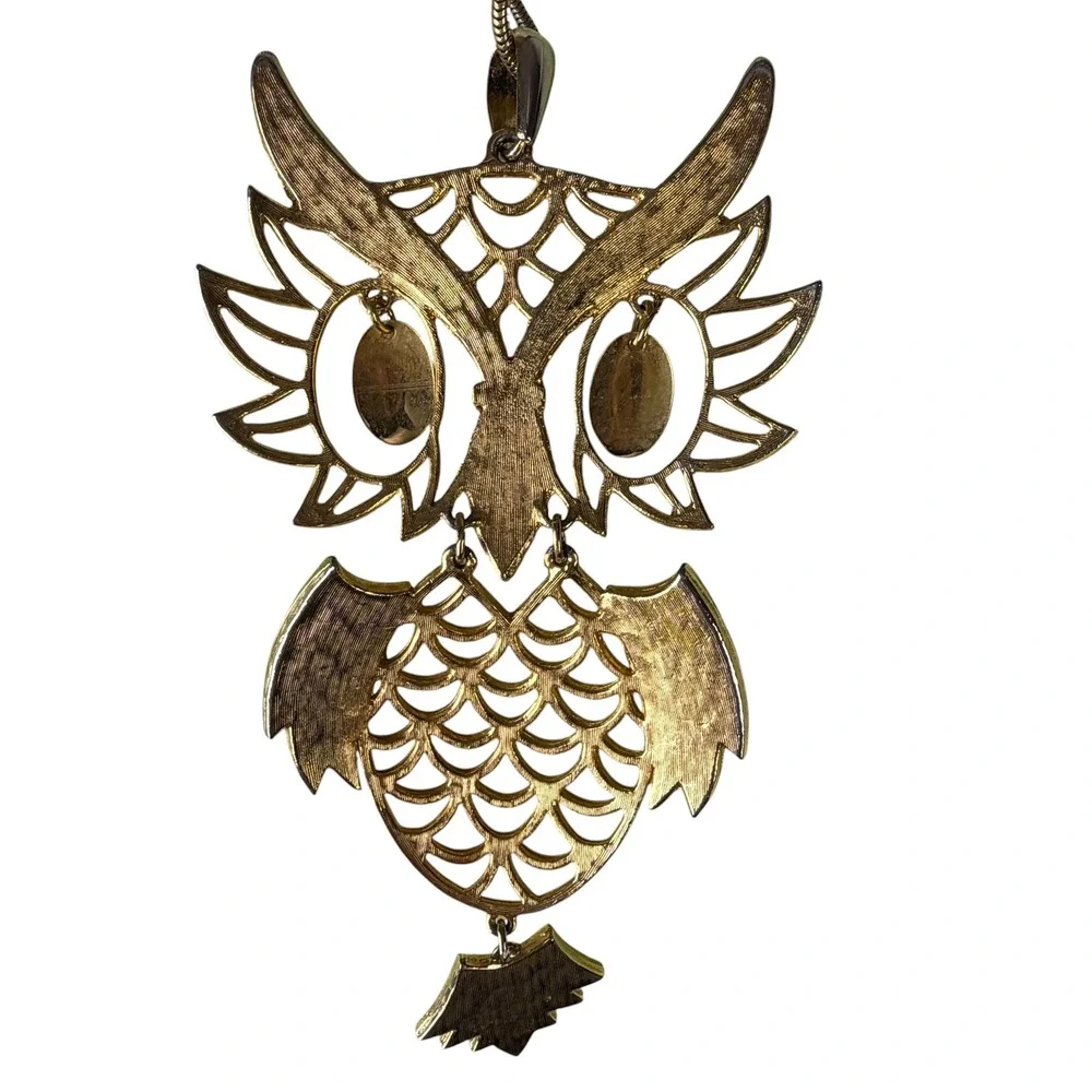 Vintage Articulated Owl Pendant Necklace Gold Tone Amber Eyes Snake Chain 24 In